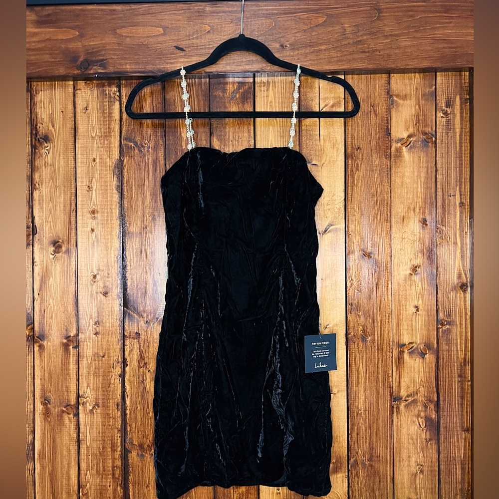 Lulus, black velvet dress with silver rhinestone straps, small